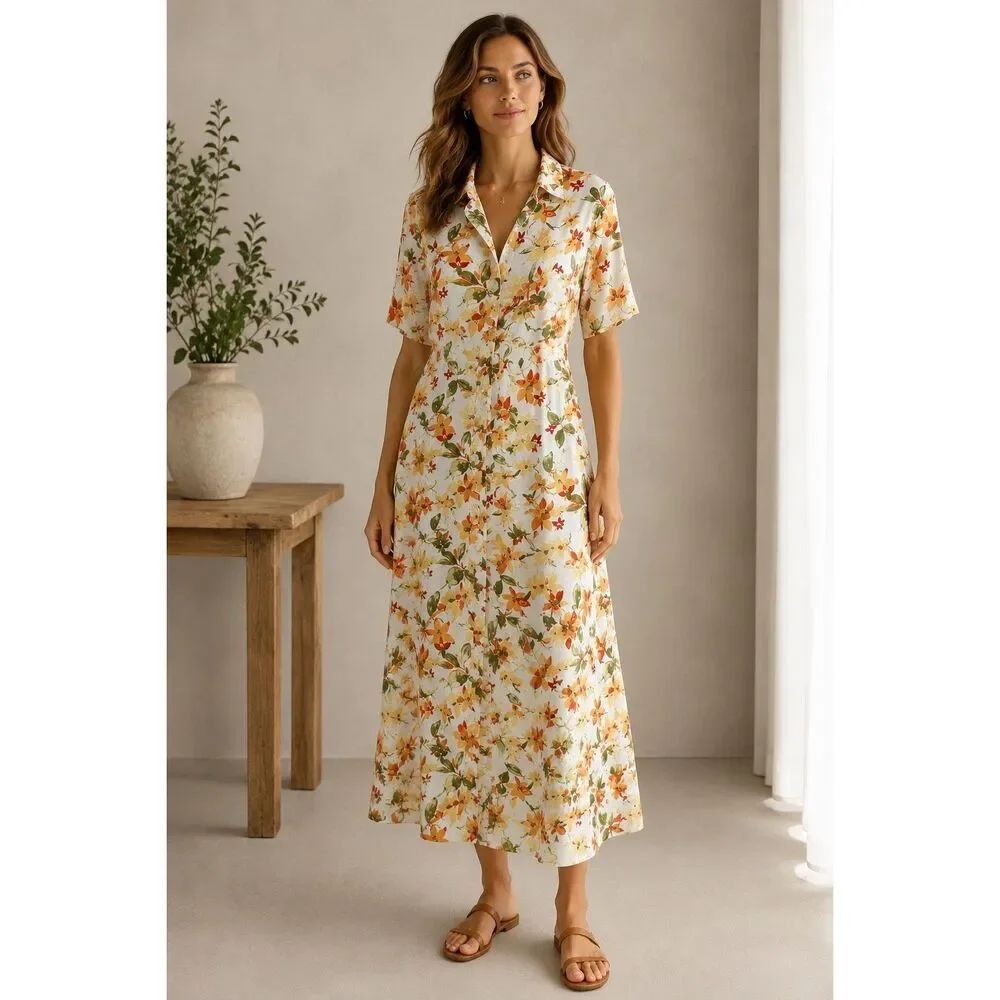 VintageβDivina of Switzerland Floral Shirt Dress Button Front Sz 44EU/L US Rare